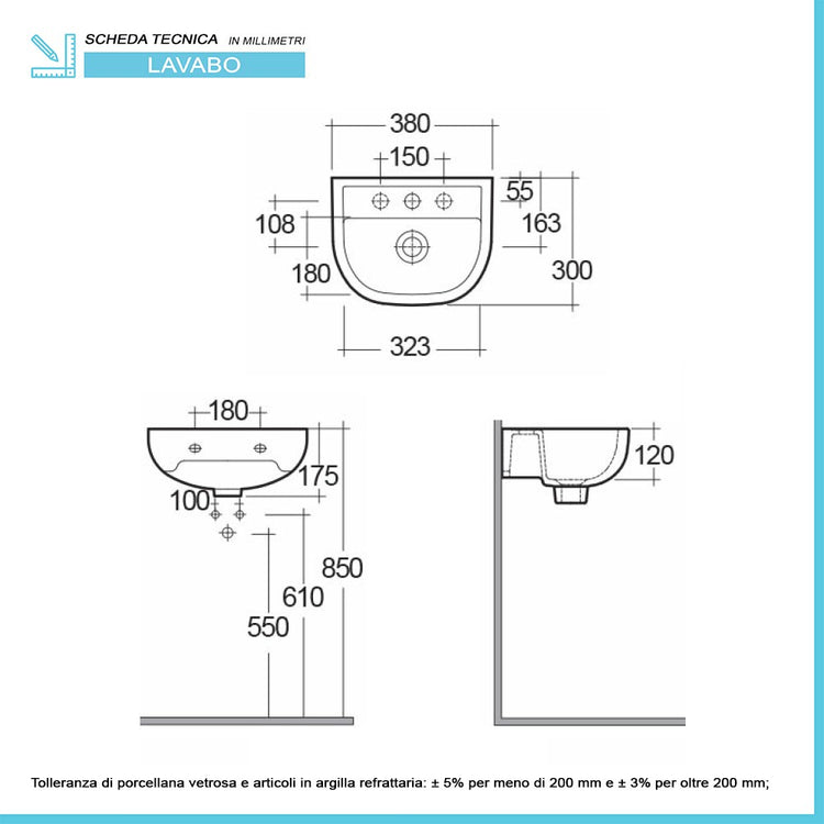 Lavabo sospeso 38 cm in ceramica bianca lucida salvaspazio