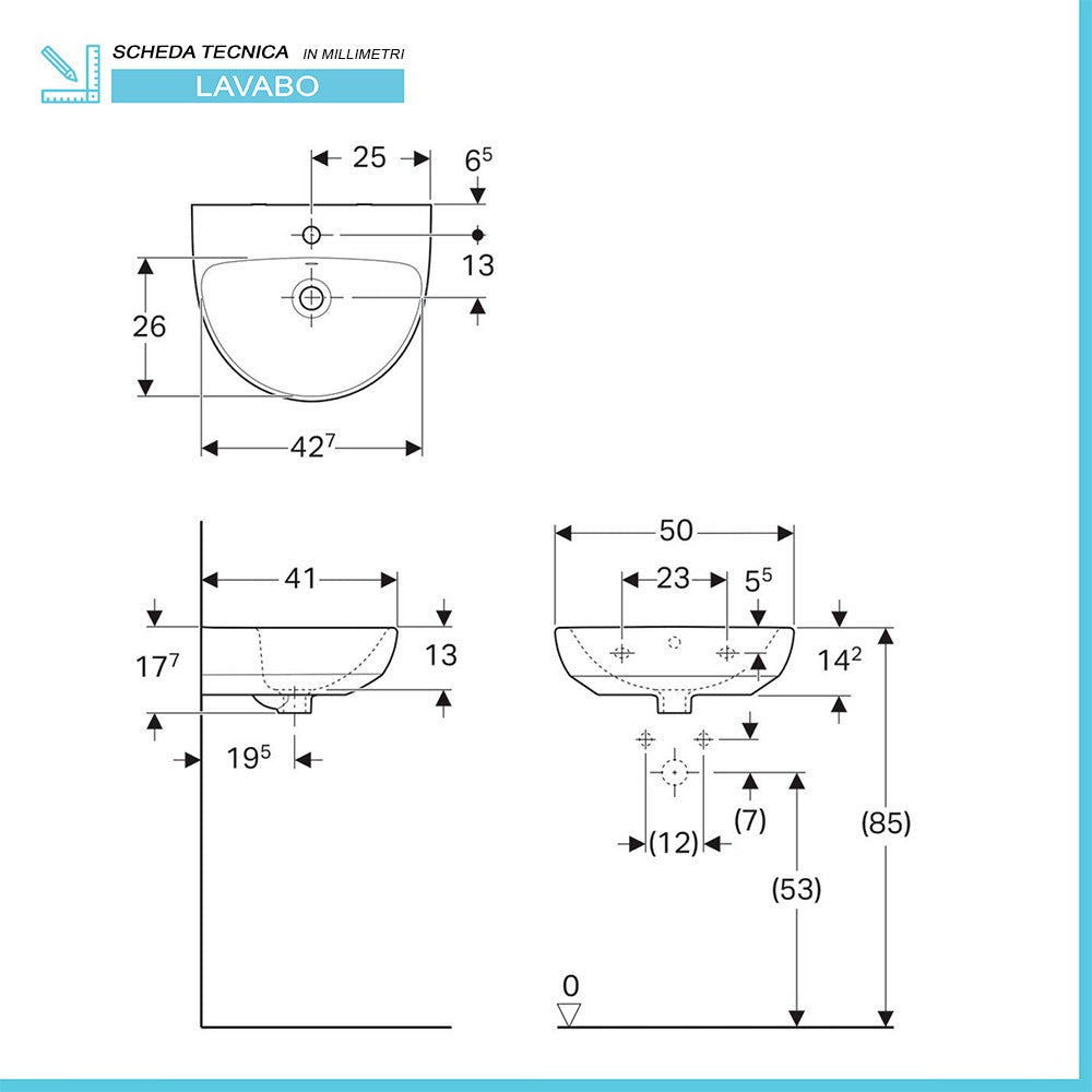 Lavabo sospeso Geberit 50 cm in ceramica bianco Selnova