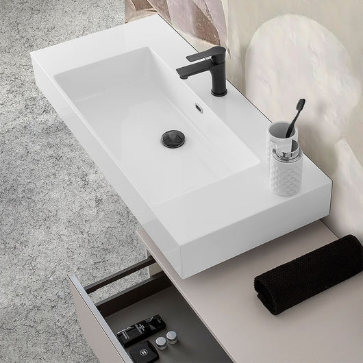 Lavabo sospeso in resina 100 cm bianco lucido Flute 