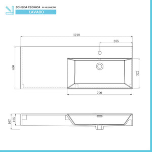 Lavabo sospeso in resina 120 cm vasca destra bianco lucido Loto