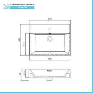 Lavabo sospeso rettangolare in resina 60 cm bianco lucido Loto 