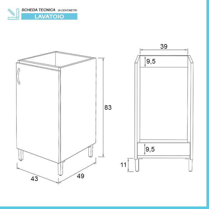 Lavatoio in ceramica 45x50 con mobile Olmo completo di piletta e scarico