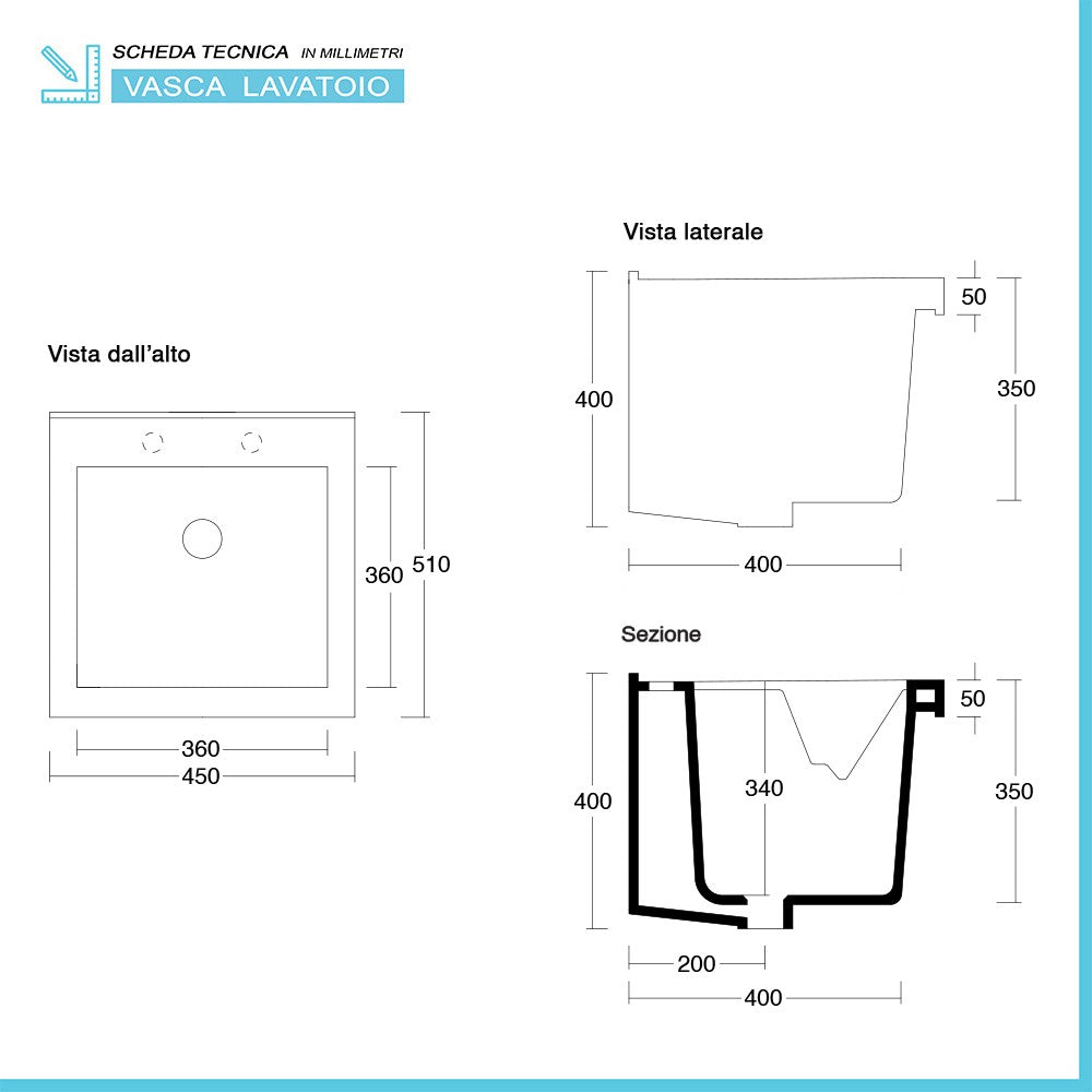 Lavatoio in ceramica 45x50 con mobile Olmo completo di piletta e scarico