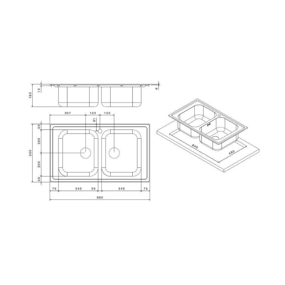 Lavello 86x50 cm doppia vasca