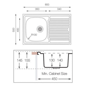 Lavello appoggio acciaio inox 80x50 cm una vasca e gocciolatoio destro SA216