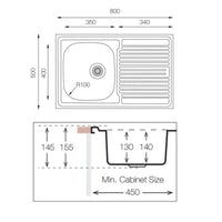 Lavello appoggio acciaio inox 80x50 cm una vasca e gocciolatoio destro SA216