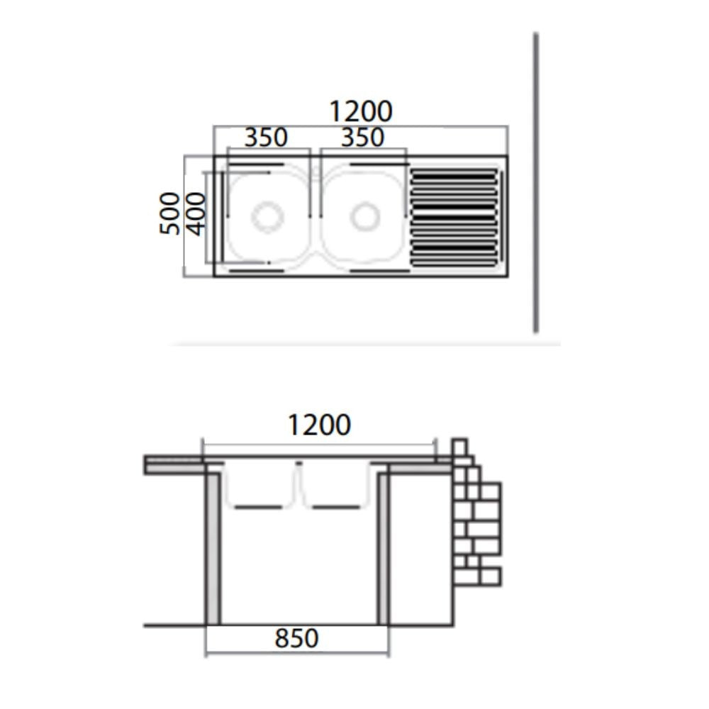 Lavello cucina acciaio appoggio 120x50 cm doppia vasca e gocciolatoio destro SA127DX