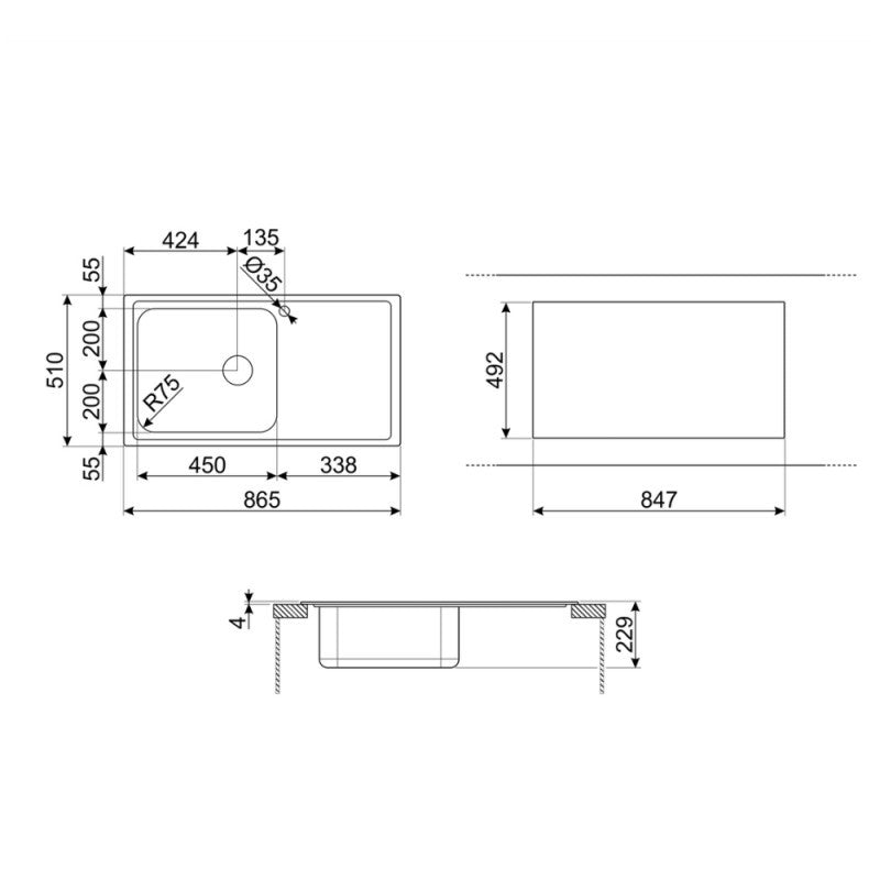 Lavello incasso 1 vasca e gocciolatoio destro 86x50 Smeg LV951D3 inox