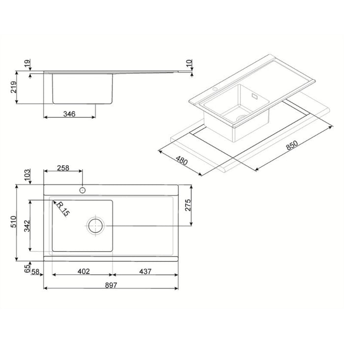 Lavello incasso 1 vasca e gocciolatoio destro 90x50 Smeg LRX901D inox spazzolato