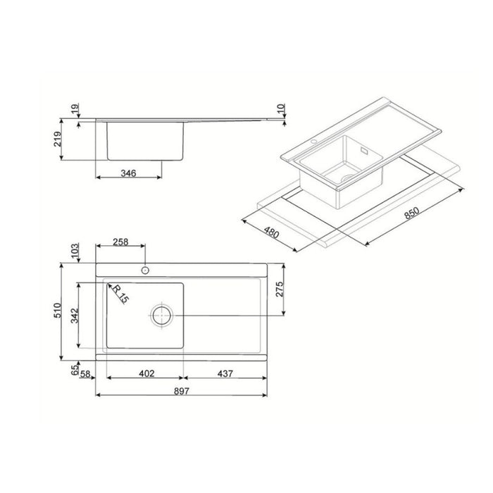 Lavello incasso 1 vasca e gocciolatoio sinistro 90x50 Smeg LRX901S inox spazzolato