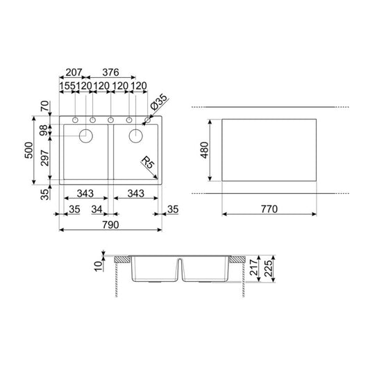 Lavello incasso 2 vasche 79x50 Smeg VZ3434B bianco