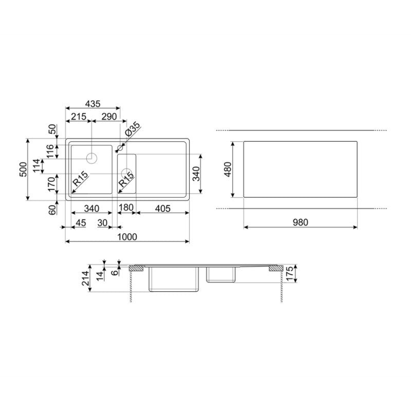 Lavello incasso 2 vasche e gocciolatoio destro 100x50 Smeg LD102D-2 inox spazzolato