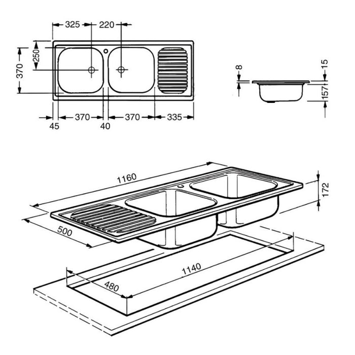 Lavello incasso 2 vasche e gocciolatoio destro 116x50 Smeg LX116D2 inox monostampo