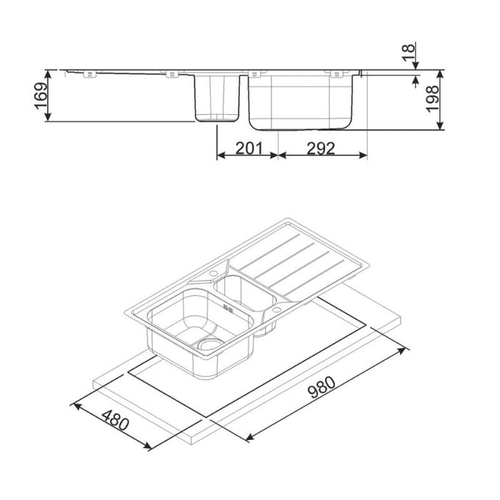 Lavello incasso 2 vasche e gocciolatoio reversibile 100x50 Smeg LFB112 inox spazzolato