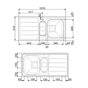 Lavello incasso 2 vasche e gocciolatoio reversibile 100x50 Smeg LFB112 inox spazzolato