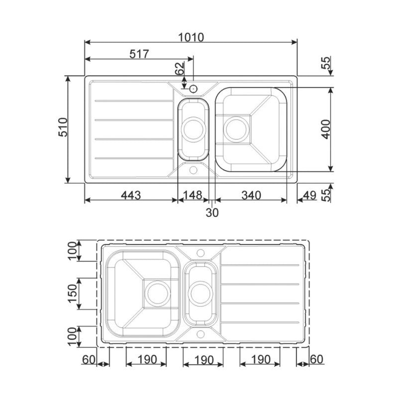 Lavello incasso 2 vasche e gocciolatoio reversibile 100x50 Smeg LFB112 inox spazzolato