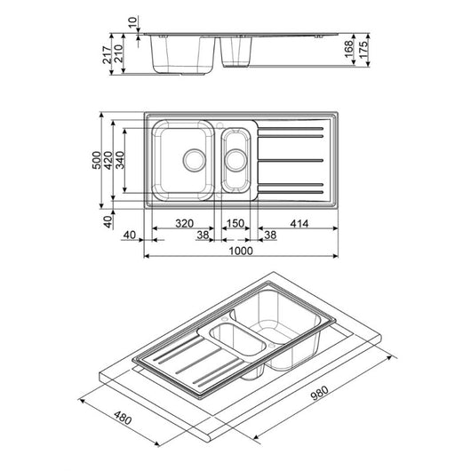 Lavello incasso 2 vasche e gocciolatoio reversibile 100x50 Smeg LZ102TT colore titanio