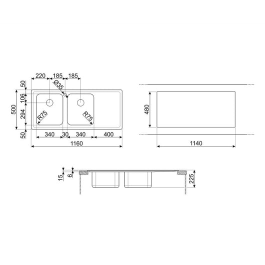 Lavello incasso 2 vasche e gocciolatoio sinistro 116x50 Smeg LM116S2 inox