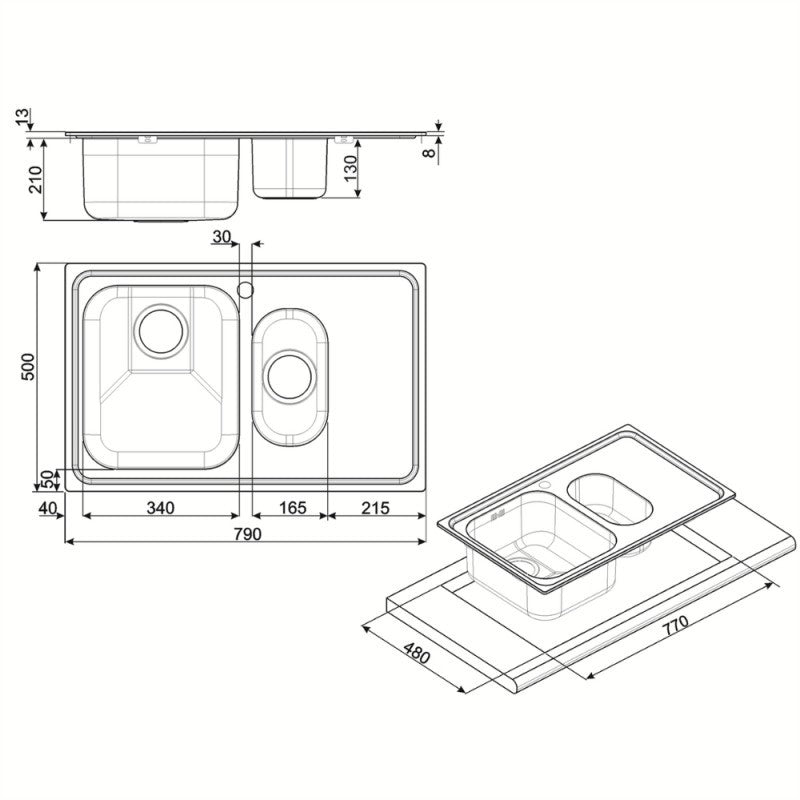 Lavello incasso 2 vasche e gocciolatoio sinistro 79x50 Smeg SP7915SN acciaio inox nero