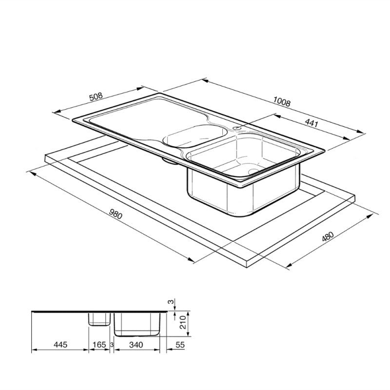 Lavello incasso 2 vasche gocciolatoio destro 100x50 Smeg LV100D3 inox