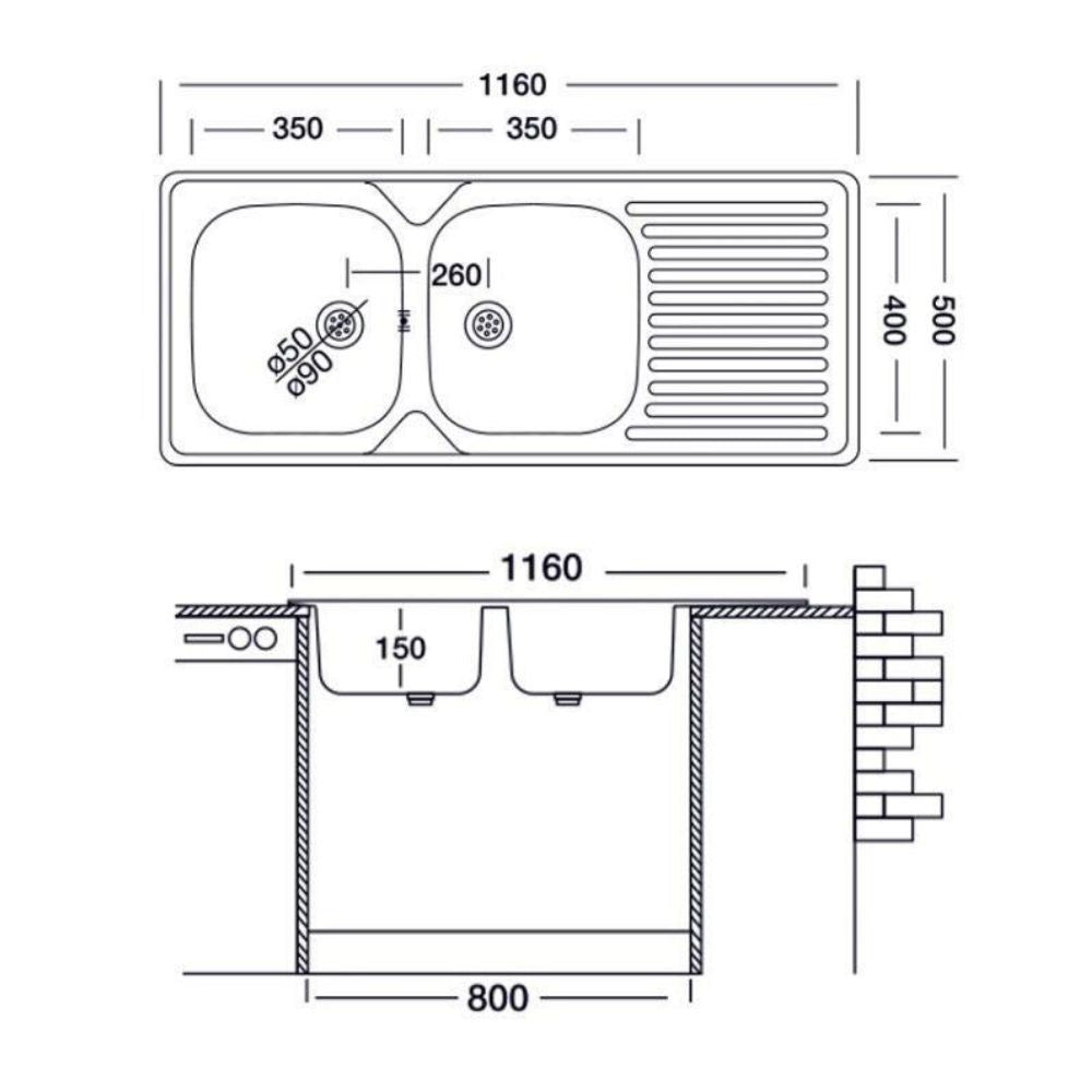 Lavello incasso acciaio inox 116x50 cm doppia vasca e gocciolatoio destro SA138