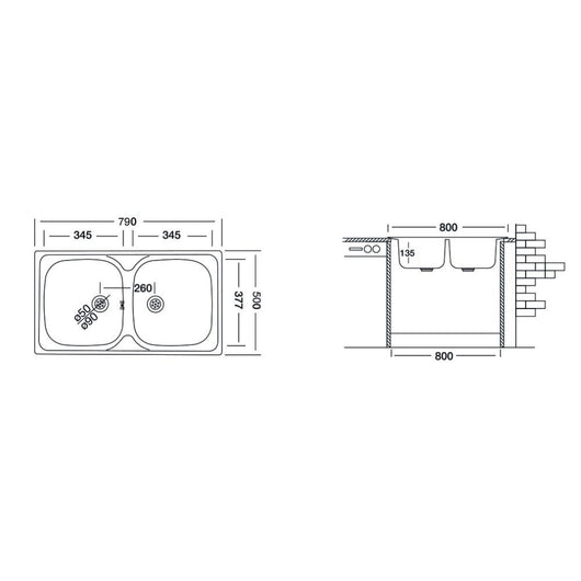 Lavello incasso cucina acciaio 79x50 cm due vasche Classic 170