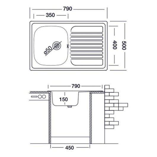 Lavello incasso cucina acciaio 79x50 cm una vasca e gocciolatoio destro Classic 273DX