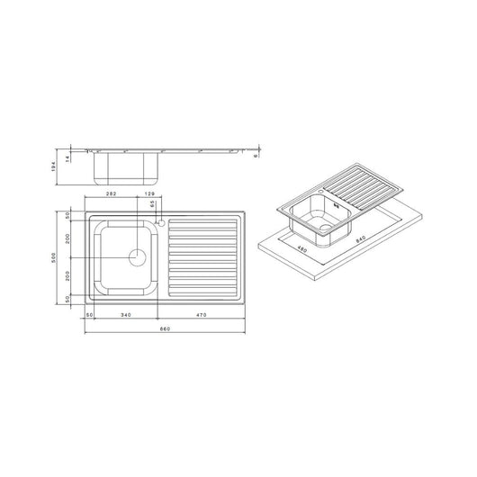 Lavello incasso cucina acciaio 86x50 cm una vasca e gocciolatoio destro SAXT331A