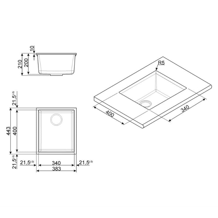 Lavello incasso monovasca sottotop 38x44 Smeg VZUM40AV2 avena