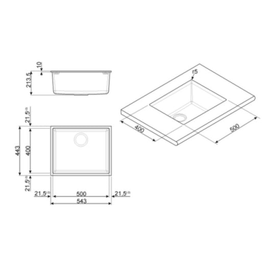 Lavello incasso monovasca sottotop 54x44 Smeg VZUM57TT titanio