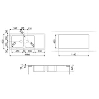 Lavello incasso semifilo 2 vasche e gocciolatoio destro 116x50 Smeg LGM116D2 inox micro antigraffio