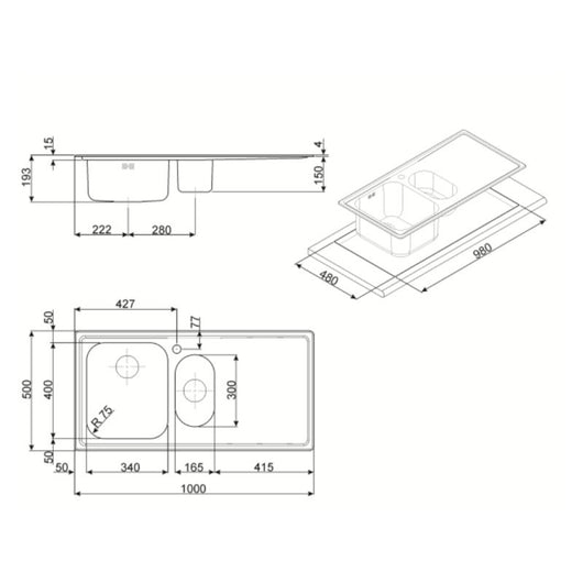 Lavello incasso semifilo 2 vasche e gocciolatoio sinistro 100x50 Smeg LE102S2 inox spazzolato