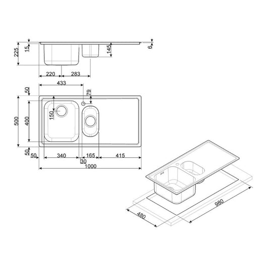 Lavello incasso semifilo 2 vasche e gocciolatoio sinistro 100x50 Smeg LL102S2 inox spazzolato