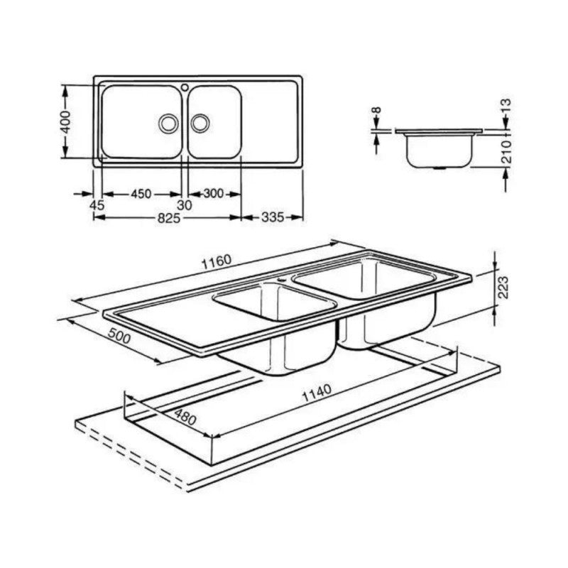 Lavello incasso semifilo 2 vasche e gocciolatoio sinistro 116x50 Smeg LGM116S inox