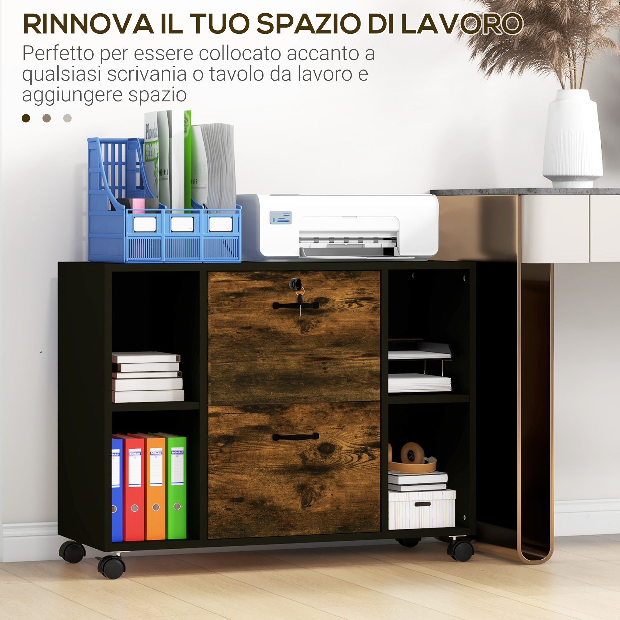 Mobile Ufficio 2 Cassetti e Ripiani 80x40x66 cm in Truciolato Marrone Rustico