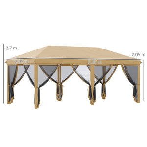 Gazebo da Giardino 6x3m Pieghevole con Zanzariera Altezza Regolabile e Borsa di Trasporto Beige