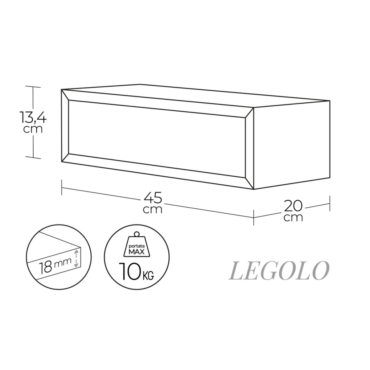  Mensola da Muro con Cassetto Modello LEGOLO, Comodino Sospeso, Mensola da Parete, 45x13.4 p20 cm. Finitura  BIANCO - MADE IN ITALY