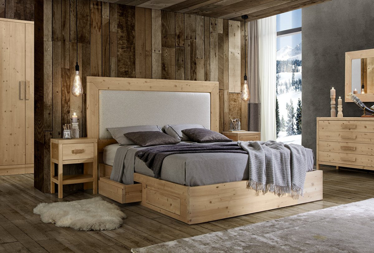 Letto cortina matrimoniale in legno massello di abete 4 cassetti