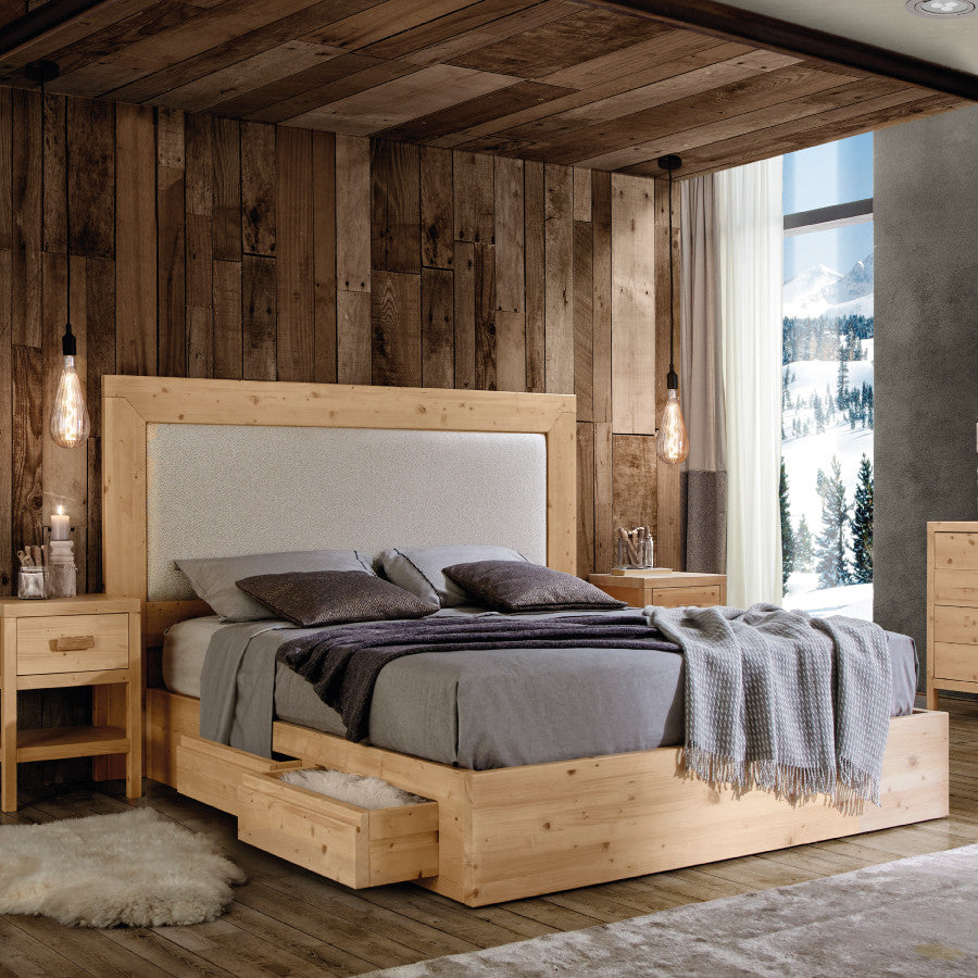 Letto cortina matrimoniale in legno massello di abete 4 cassetti