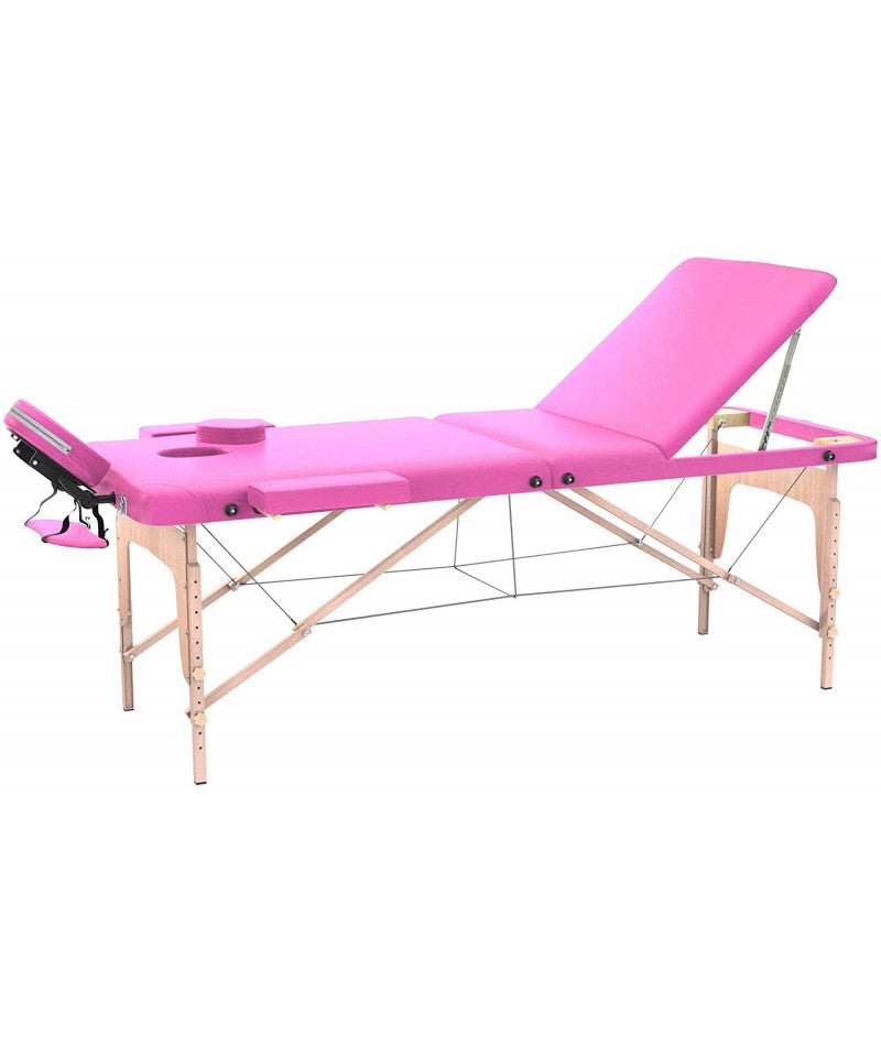 Lettino massaggio professionale 3 zone in legno, 180X56 cm - pieghevole e portatile x estetiste, massaggiatori Tattoo - Rosa
