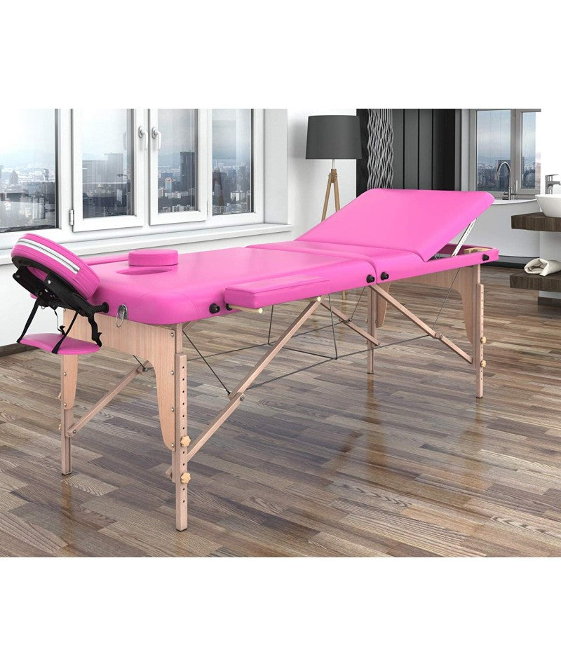 Lettino massaggio professionale 3 zone in legno, 180X56 cm - pieghevole e portatile x estetiste, massaggiatori Tattoo - Rosa