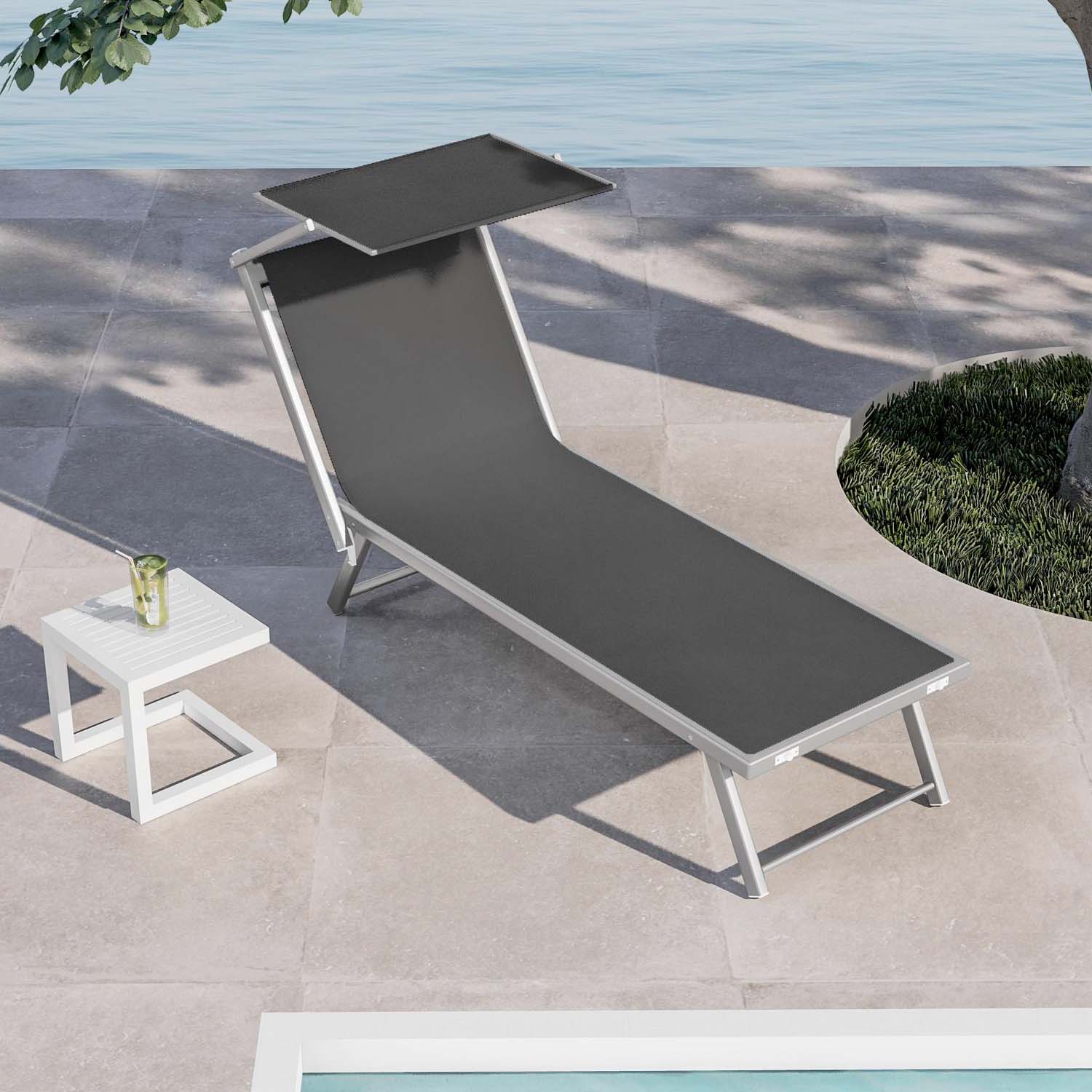 Rimini - Lettino prendisole in alluminio e textilene con schienale reclinabile e tettuccio parasole orientabile. Lettino da spiaggia, giardino o bordo piscina grigio 180x60xH38 cm