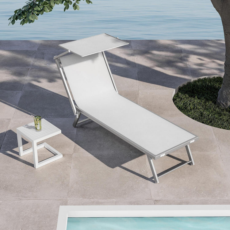 Rimini - Lettino prendisole in alluminio e textilene con schienale reclinabile e tettuccio parasole orientabile. Lettino da spiaggia, giardino o bordo piscina bianco 180x60xH38 cm