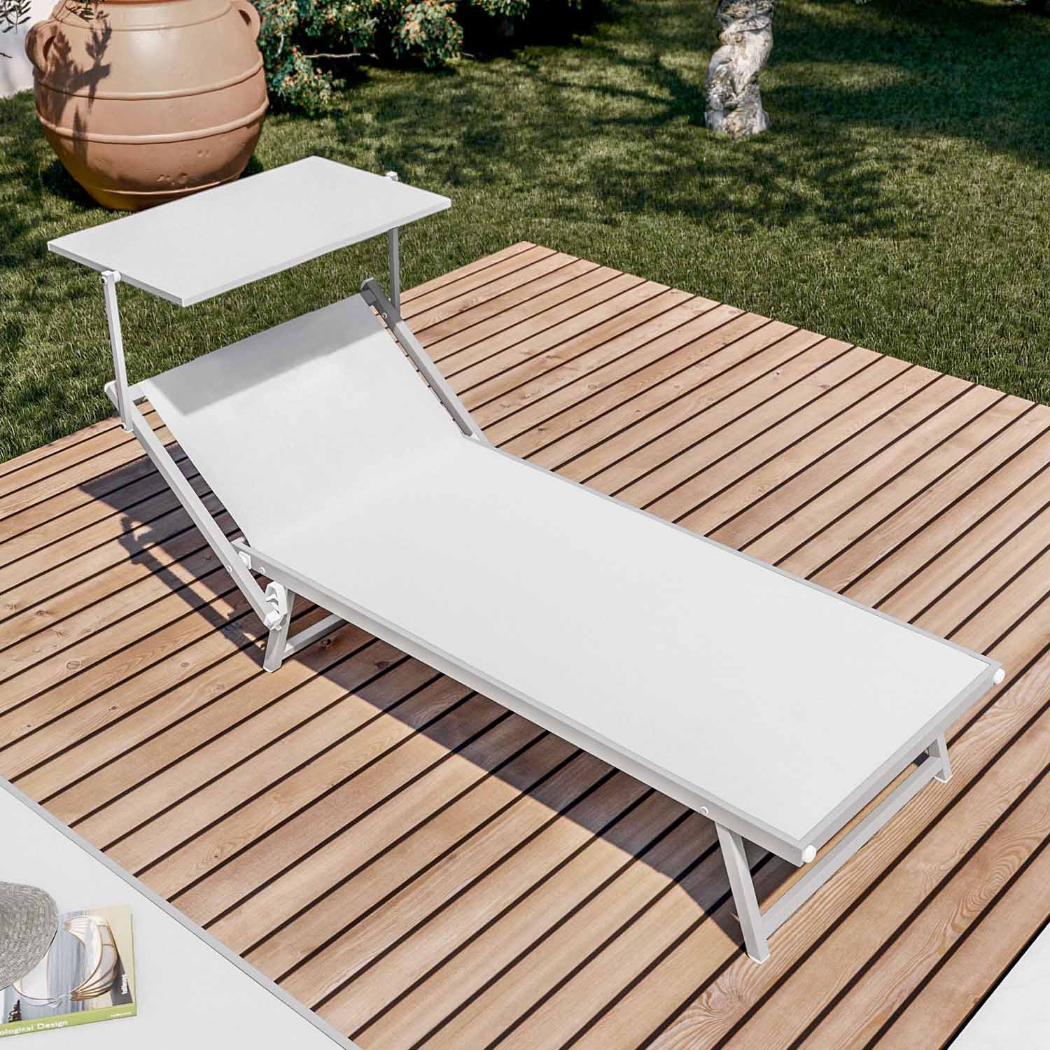 Rimini - Lettino prendisole in alluminio e textilene con schienale reclinabile e tettuccio parasole orientabile. Lettino da spiaggia, giardino o bordo piscina bianco 180x60xH38 cm