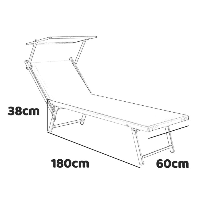 Rimini - Lettino prendisole in alluminio e textilene con schienale reclinabile e tettuccio parasole orientabile. Lettino da spiaggia, giardino o bordo piscina bianco 180x60xH38 cm