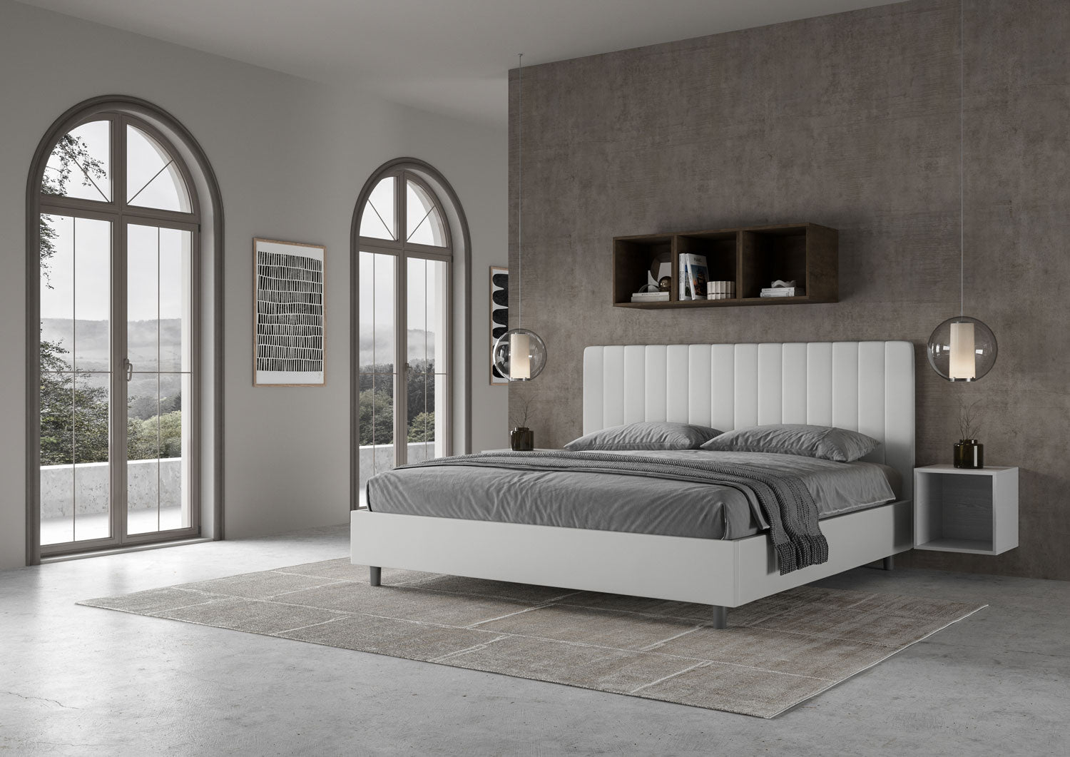 Letto matrimoniale king size contenitore imbottito 180x210 similpelle bianco Agueda