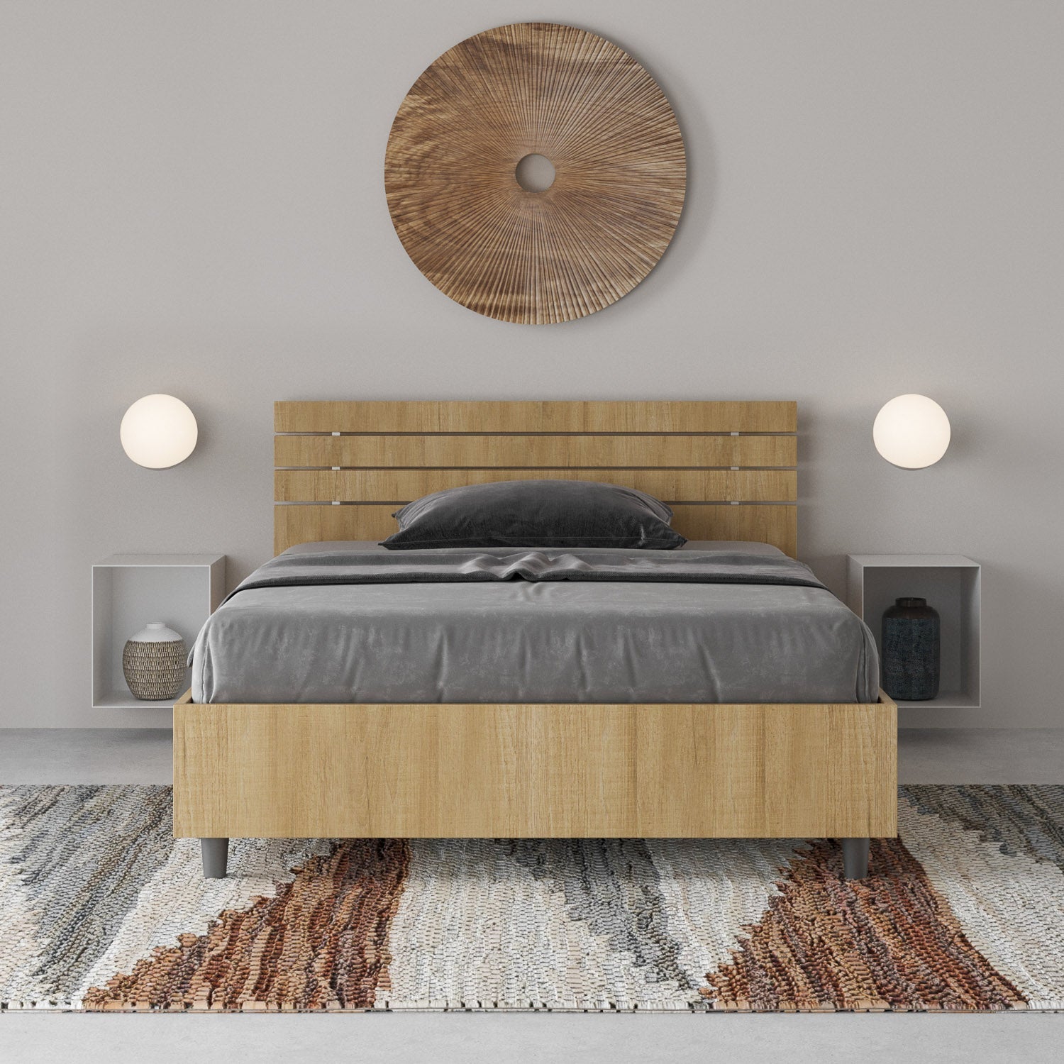 Letto 1 Piazza e Mezzo 120x190 cm con Rete e Contenitore Ankel Testata Doghe Dritta Quercia