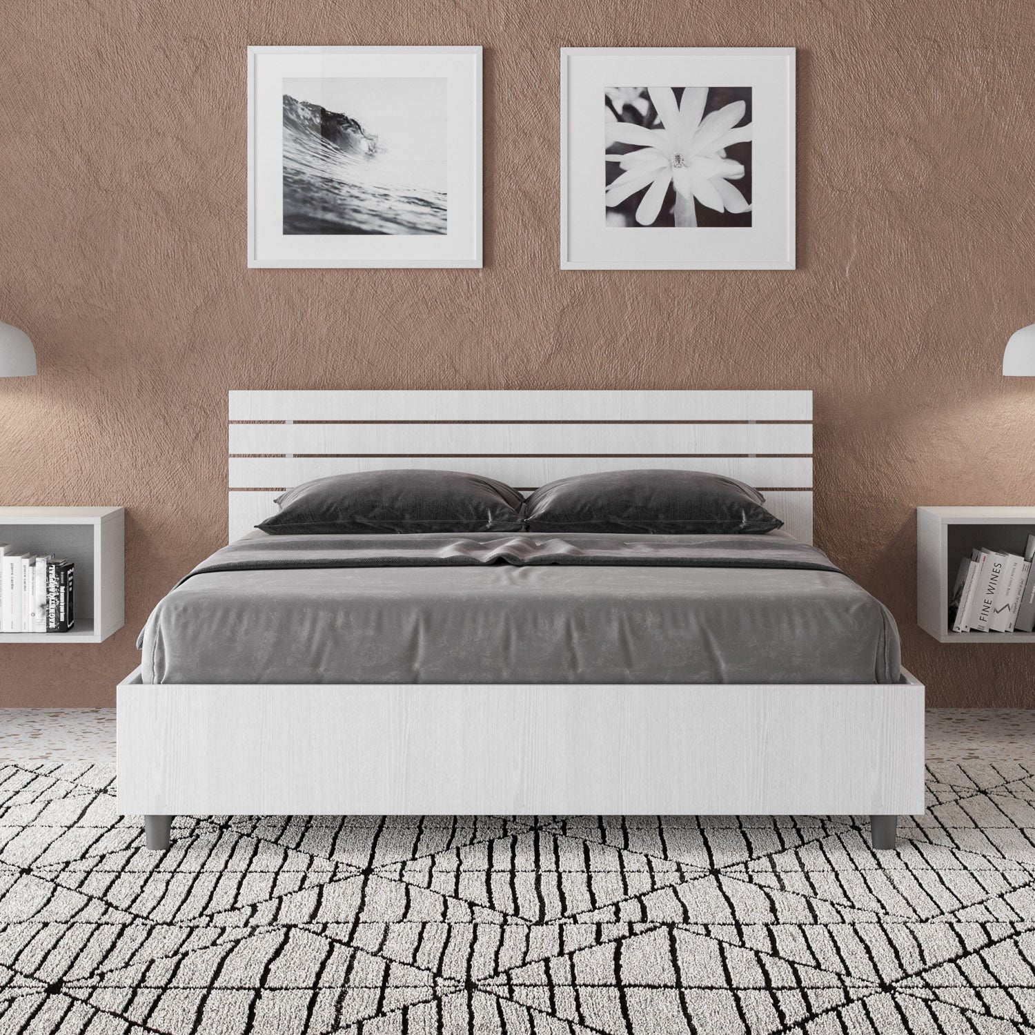 Letto Matrimoniale Francese 140x200 cm con Rete e Contenitore Testata Doghe Inclinata Ankel Bianco Frassino