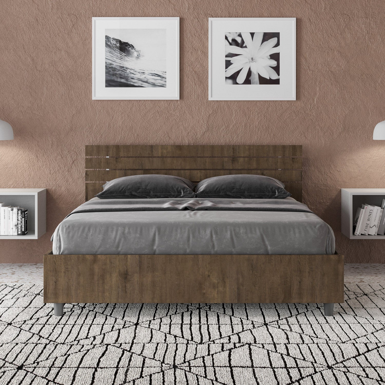 Letto Matrimoniale Francese 140x200 cm Senza Rete Testata Doghe Inclinata Ankel Noce