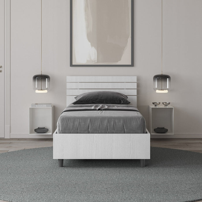 Letto Singolo 80x200 cm con Rete e Contenitore Testata Dritta Ankel Bianco Frassino